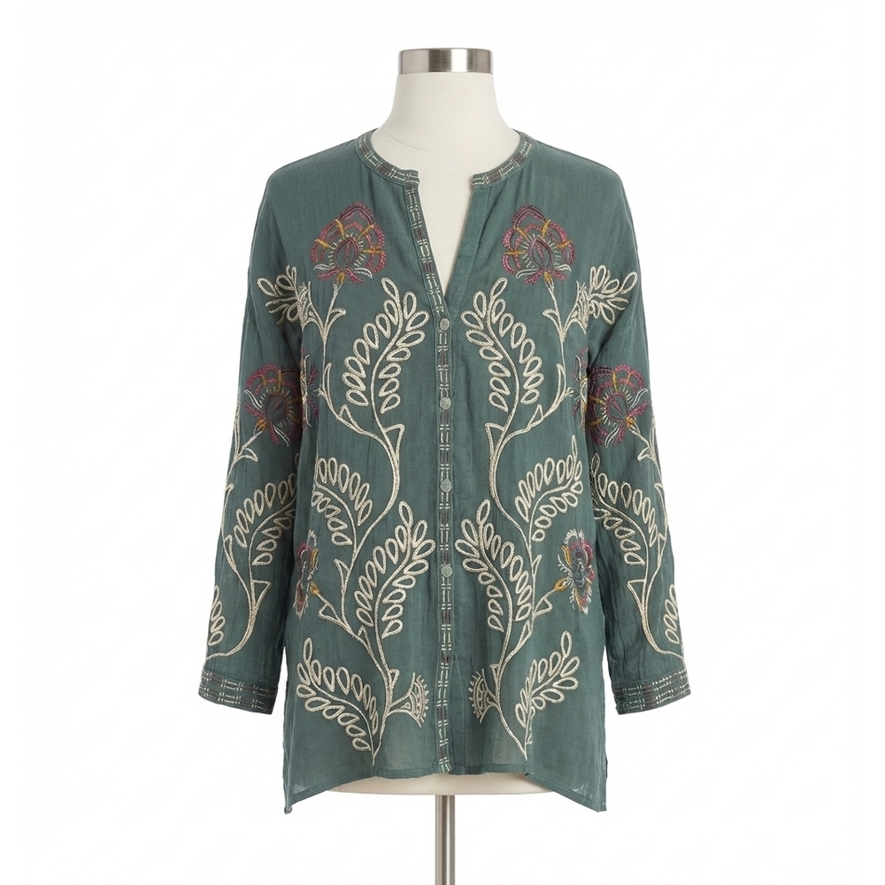 NEW JOHNNY WAS slim audrey embroidered tunic in sage